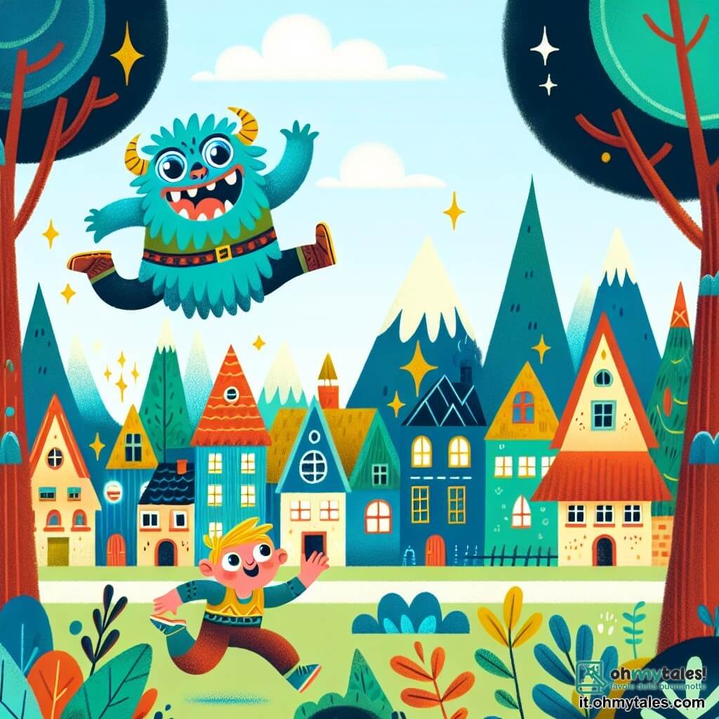 Une illustration destinée aux enfants représentant une adorable petite monstre aux yeux pétillants, faisant des acrobaties hilarantes avec l'aide d'un courageux petit garçon, dans un village coloré entouré d'arbres géants et de maisons aux toits pointus.