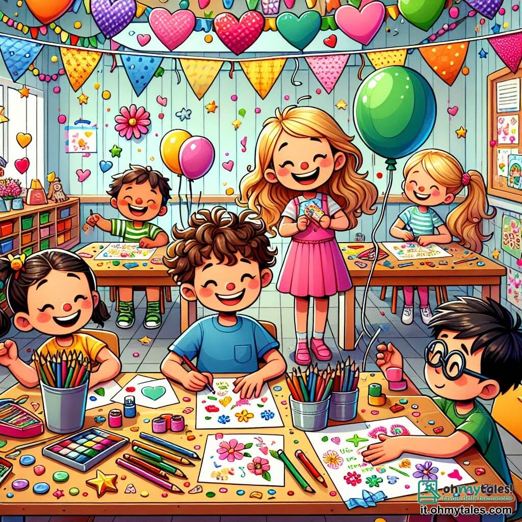 Illustrazione che rappresenta un'aula colorata, piena di disegni e decorazioni per la festa della mamma. Le pareti sono adornate con ghirlande di carta e palloncini multicolori, mentre i tavoli di legno sono coperti di fogli colorati, matite e brillantini. Al centro, un ragazzo di 9 anni, con capelli castani e ricci, indossa una maglietta blu e pantaloni corti gialli. È chinato su una carta che decora con stelle e cuori, con un sorriso orgoglioso sul volto. Accanto a lui, una ragazza di 10 anni, con capelli lunghi e biondi, indossa un vestito rosa e disegna allegramente su un foglio, mentre un ragazzo di 9 anni, con occhiali e capelli neri, osserva attentamente il lavoro dei suoi amici. La scena cattura l'eccitazione e la creatività dei bambini mentre preparano biglietti di ringraziamento per le loro mamme, con scoppi di risate e scambi di idee. Matite colorate sparse e adesivi a forma di fiori aggiungono un tocco ludico all'insieme.