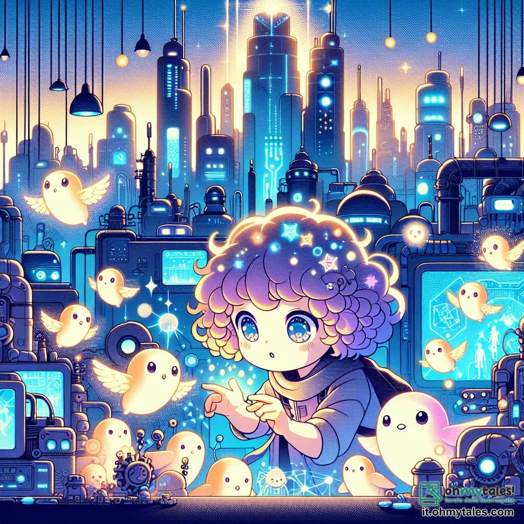 Une illustration sous forme de dessin destinée aux enfants représentant une ville futuriste aux grattaciels scintillants et aux véhicules volants, où une fille de 11 ans aux cheveux bouclés et aux yeux pétillants explore un laboratoire secret, entourée de créatures lumineuses aux formes délicates qui l'encouragent dans sa quête pour sauver leur monde d'une ombre menaçante, avec des machines brillantes et des écrans holographiques en arrière-plan, évoquant un mélange d'émerveillement et d'aventure.