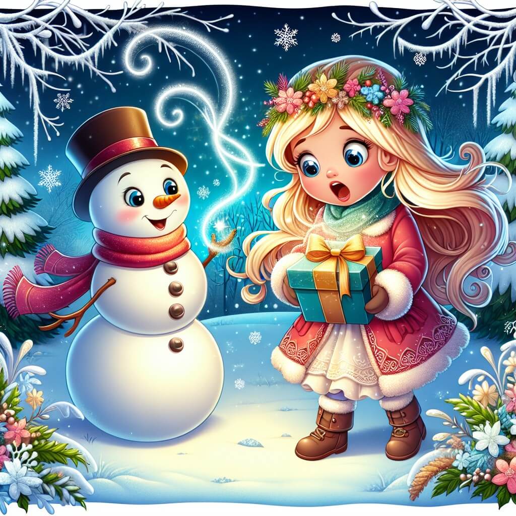 Une illustration destinée aux enfants représentant une petite fille émerveillée devant un mystérieux cadeau de Noël, accompagnée d'un joyeux bonhomme de neige, dans un jardin enneigé aux arbres givrés et aux flocons virevoltants.