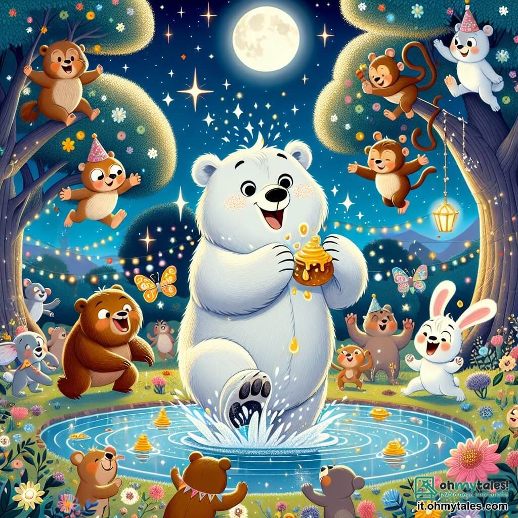 Illustrazione che rappresenta una scena festiva in uno zoo, sotto un cielo stellato, con alberi maestosi e una grande piscina di fiori colorati illuminata dalla luna. Al centro, un orso dal pelo bianco splendente, con occhi scintillanti di gioia, si erge sulle zampe posteriori, spruzzando acqua mentre ride, circondato dai suoi amici animali. Accanto a lui, un coniglietto dalle grandi orecchie e pelo marrone, che salta di gioia, e una scimmia dal pelo marrone chiaro, appesa a un ramo, con un sorriso malizioso, che tiene un barattolo di miele. La scena principale mostra l'orso e i suoi amici mentre celebrano la scoperta di un tesoro di miele, con gocce di miele scintillanti che cadono attorno a loro. Elementi aggiuntivi includono le risate di altri animali sullo sfondo, ghirlande di fiori e lanterne appese agli alberi, creando un'atmosfera gioiosa e magica.