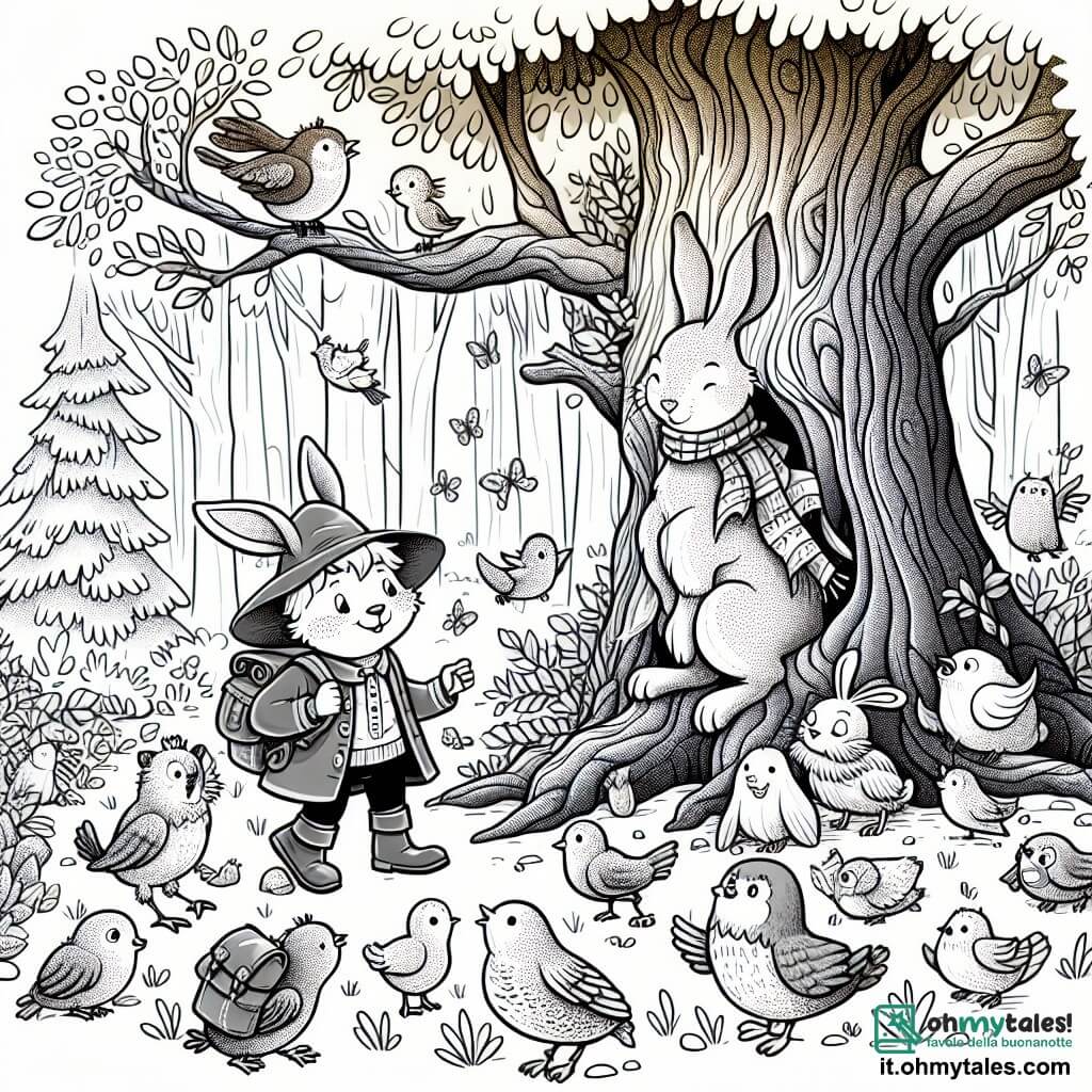 Une illustration destinée aux enfants représentant un lapin curieux, accompagné d'un oiseau joyeux, explorant un immense arbre au cœur d'une forêt enchantée, où de nombreux animaux se rassemblent pour partager des aventures magiques.