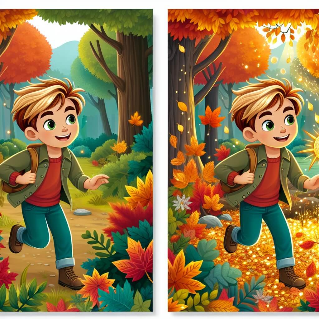 Une illustration destinée aux enfants représentant un jeune garçon aux cheveux couleur des feuilles d'automne, qui explore un parc luxuriant avec son meilleur ami à la recherche de trésors dorés, entourés d'arbres majestueux aux feuilles flamboyantes et d'une myriade de couleurs chatoyantes.