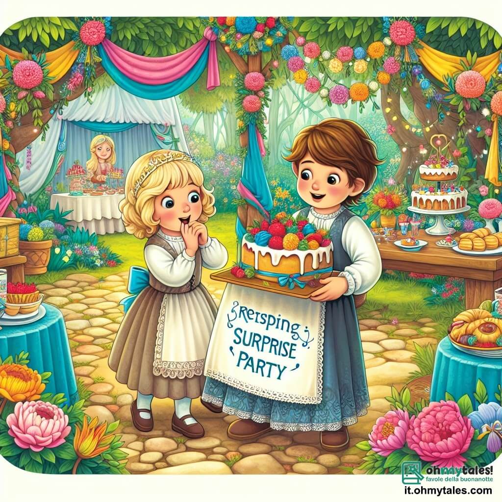 Une illustration destinée aux enfants représentant un petit garçon préparant une fête surprise pour sa maman, avec l'aide de son ami garçon, dans un jardin enchanté rempli de ghirlandes de fleurs colorées et de tables remplies de délicieuses gourmandises.