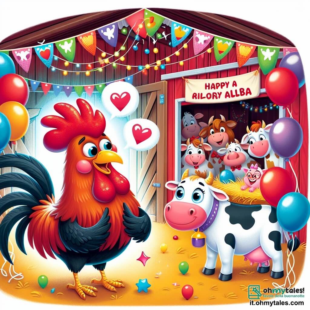 Une illustration destinée aux enfants représentant un coq tout rouge et très fier de sa crête brillante, organisant une fête surprise pour son amie la vache Alba, dans un fienile décoré de ballons colorés et de guirlandes scintillantes, entouré de ses joyeux amis animaux.