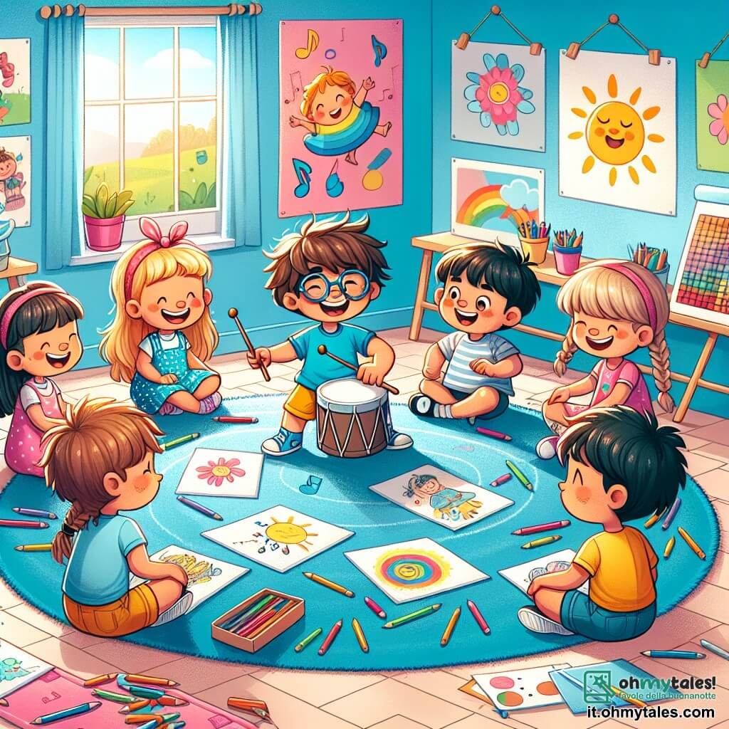 Illustrazione che rappresenta un'aula colorata e accogliente, con pareti dipinte di azzurro chiaro e poster di disegni di bambini appesi. Al centro, un grande tappeto rotondo e morbido dove i bambini sono seduti in cerchio, circondati da matite multicolori e fogli di carta. In primo piano, un ragazzo di 5 anni, con capelli castani disordinati e occhi brillanti di curiosità, indossa una maglietta blu vivo e pantaloni gialli. Sorride gioiosamente mentre tiene un tamburo, pronto a suonare con i suoi amici. Accanto a lui, una ragazza di 5 anni, con lunghi capelli biondi intrecciati e occhiali rotondi, balla con entusiasmo, vestita con un vestito rosa a pois. Un altro ragazzo di 5 anni, con capelli neri e occhiali, è seduto a gambe incrociate, mentre disegna un sole su un foglio, concentrato e felice. La scena mostra l'effervescenza di un momento di condivisione e creatività, dove i bambini si divertono insieme a esplorare le loro passioni. Note musicali fluttuano nell'aria e risate risuonano, creando un'atmosfera gioiosa e dinamica.