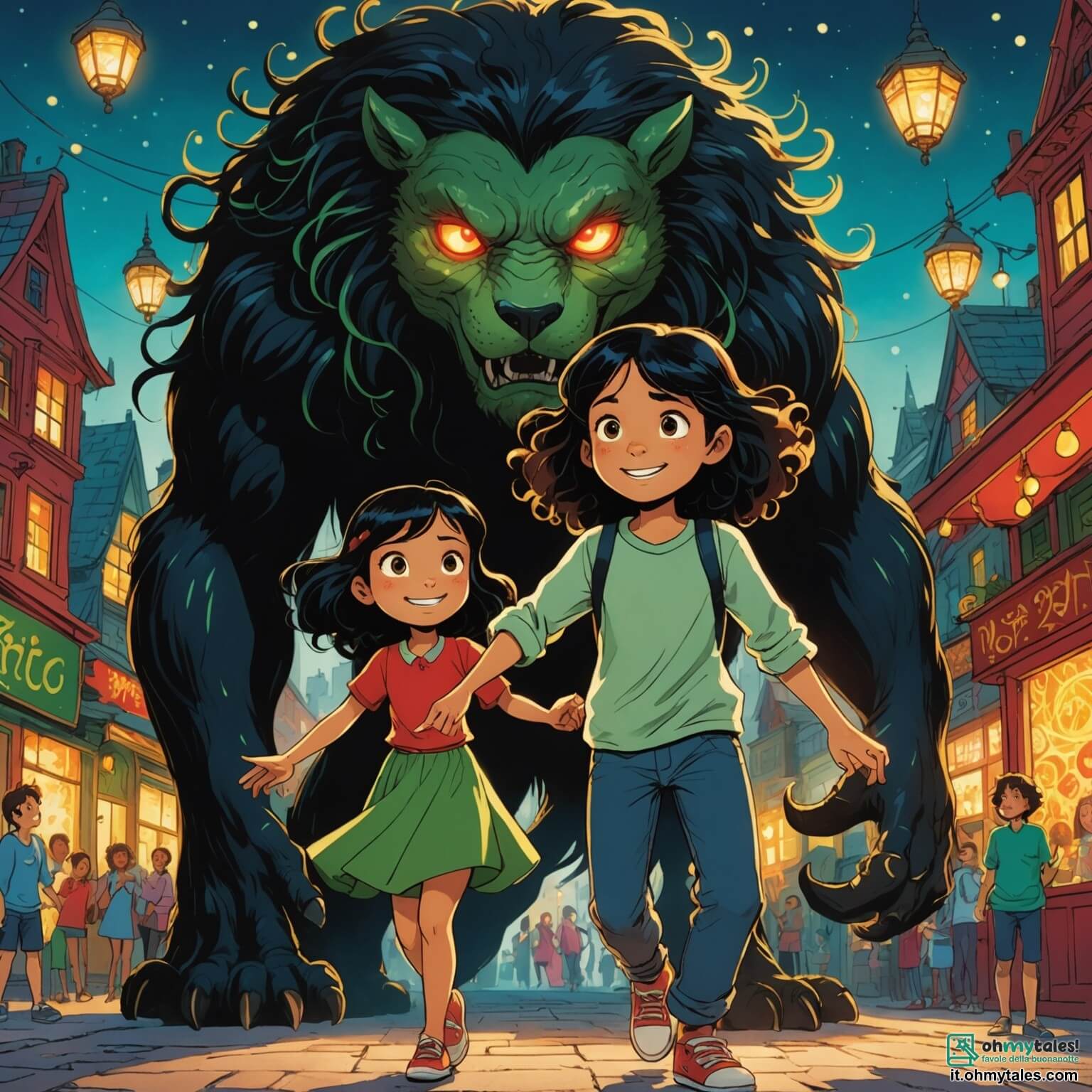 Une illustration destinée aux enfants représentant une jeune fille aux longs cheveux noirs comme l'encre, illuminée par des éclats de lumière qui dansent autour d'elle, se tenant courageusement face à une immense créature d'ombre aux yeux rouges brillants, tandis qu'un garçon aux cheveux bouclés et aux yeux verts l'encourage avec un sourire, le tout se déroulant dans une ville magique aux maisons de verre coloré, où les lampadaires dorés projettent une lueur chaleureuse sur les pavés scintillants, créant une atmosphère à la fois féerique et pleine de mystère.