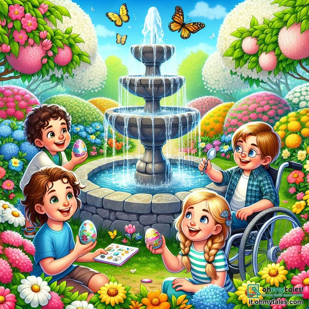 Illustrazione che rappresenta un magnifico giardino primaverile, pieno di fiori colorati nelle vivaci tonalità di rosa, giallo e blu. Al centro, una grande fontana in pietra, con acqua limpida che zampilla e scintilla sotto il sole radioso. In questo giardino, un ragazzo di otto anni, con capelli castani e ricci, sorride felicemente tenendo un uovo di Pasqua lucente tra le mani. Accanto a lui, una ragazza di sette anni, con lunghi capelli biondi intrecciati, osserva l'uovo con occhi meravigliati. Un altro ragazzo, di nove anni, con occhiali e capelli castani, ride mentre punta verso un piccolo indizio nascosto tra i fiori. Infine, una ragazza di otto anni, seduta su una sedia a rotelle, sorride entusiasta, tenendo un quaderno dove ha disegnato degli indizi. La scena principale mostra i quattro amici intenti a cercare uova di Pasqua, alla ricerca di indizi nascosti tra fiori e foglie. Farfalle colorate volano attorno a loro, aggiungendo un tocco di magia alla scena. Sullo sfondo, un grande albero da frutto, pieno di fiori bianchi, e piccoli cesti di vimini pieni di dolci e sorprese pasquali sono sparsi sull'erba verde.
