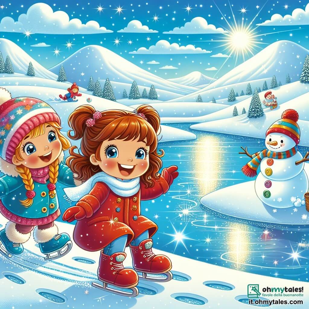 Illustrazione che rappresenta un paesaggio invernale da favola, con un cielo blu chiaro punteggiato di nuvole bianche e soffici. In primo piano, un piccolo lago ghiacciato brilla sotto il sole, circondato da colline coperte di neve splendente. Due ragazze, di circa 7 anni, sono in piedi al bordo del lago. Una ha i capelli castani, raccolti in due codini, indossa un cappotto rosso vivo e guanti abbinati, mentre l'altra ha i capelli biondi, sciolti, e indossa un cappotto blu con un berretto a pompon. Ridono gioiosamente mentre giocano sul ghiaccio, una di loro sta scivolando sul lago, mentre l'altra si prepara a lanciare una palla di neve. Fiocchi di neve cadono delicatamente intorno a loro, aggiungendo un tocco magico alla scena. Tracce di passi nella neve conducono a un pupazzo di neve sorridente, decorato con bottoni colorati e una sciarpa a righe, che completa questa atmosfera invernale gioiosa.