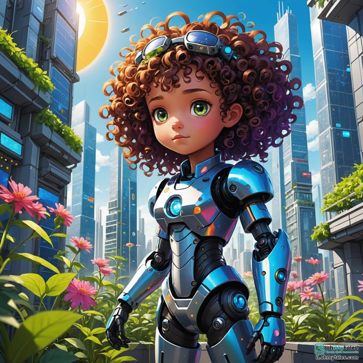 Une illustration destinée aux enfants représentant une petite fille aux cheveux bouclés et aux yeux pétillants, explorant une ville futuriste aux gratte-ciels scintillants recouverts de panneaux solaires, où des robots colorés s'affairent à entretenir des jardins verticaux luxuriants, tandis qu'un grand robot triste, au métal brillant mais usé, cherche désespérément des pièces de rechange pour retrouver sa fonction, le tout dans un environnement vibrant de couleurs et de technologies respectueuses de la nature.