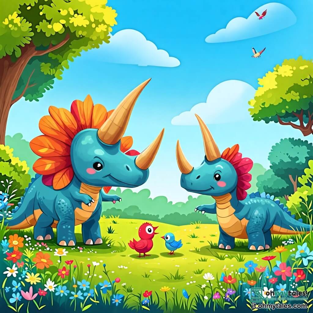 Une illustration sous forme de dessin destinée aux enfants représentant un vaste pré verdoyant sous un ciel bleu éclatant, où un tricératops aux grandes cornes et à la crête colorée se penche pour parler à un petit diplodocus au long cou, tous deux affichant des expressions joyeuses et curieuses, tandis qu'un petit oiseau triste se trouve à leurs pieds, cherchant sa maman, entouré de fleurs colorées et d'arbres majestueux, créant une atmosphère amicale et pleine d'aventure.