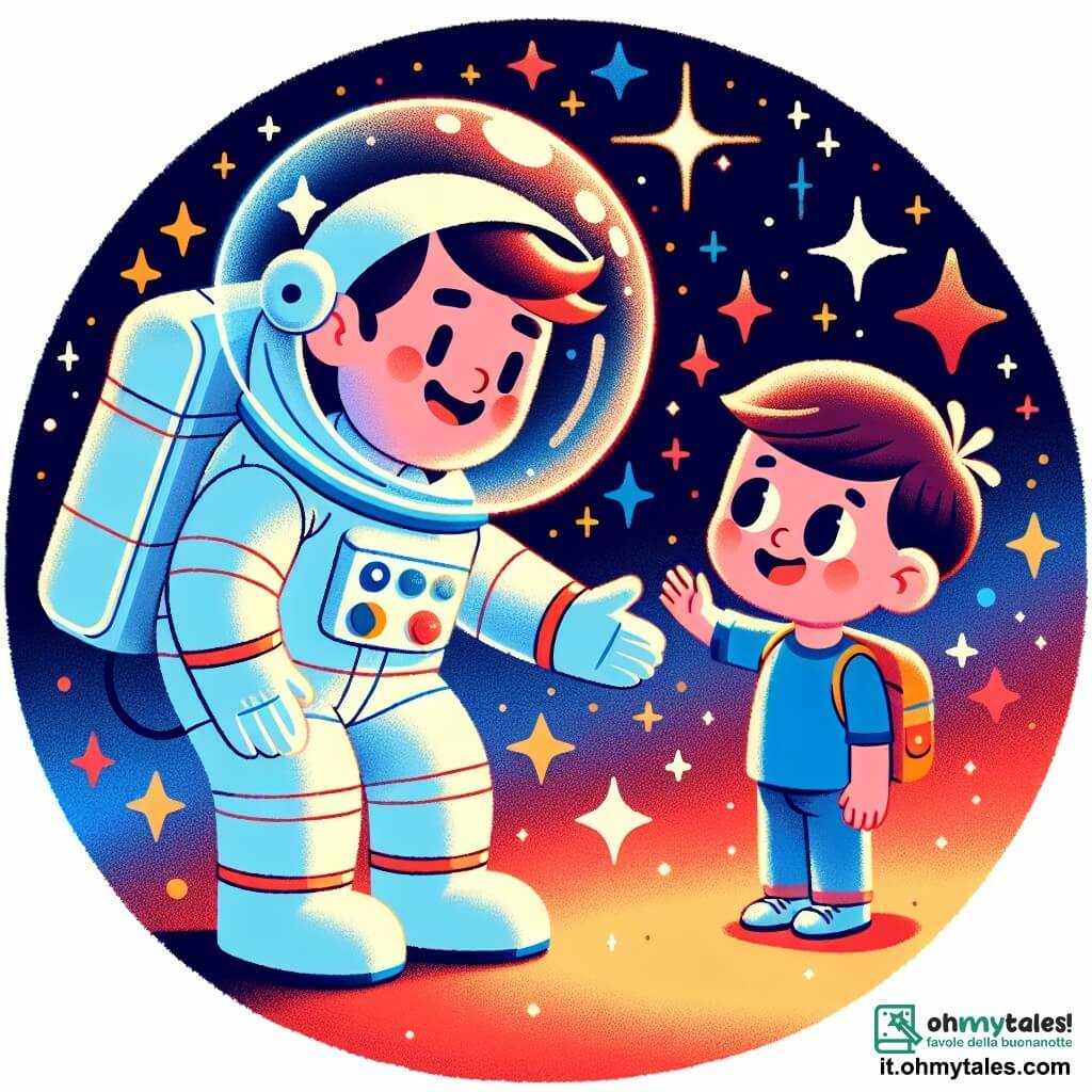 Une illustration sous forme de dessin destinée aux enfants représentant une scène spatiale colorée avec des étoiles scintillantes en arrière-plan, où un homme astronaute en combinaison spatiale blanche et casque transparent, souriant et joyeux, tend la main vers un jeune garçon aux cheveux bruns et aux yeux pétillants, vêtu d'un t-shirt bleu, qui regarde avec émerveillement l'astronaute tout en pointant du doigt une étoile brillante, le tout évoquant un moment d'exploration et de rêve dans l'immensité de l'espace.