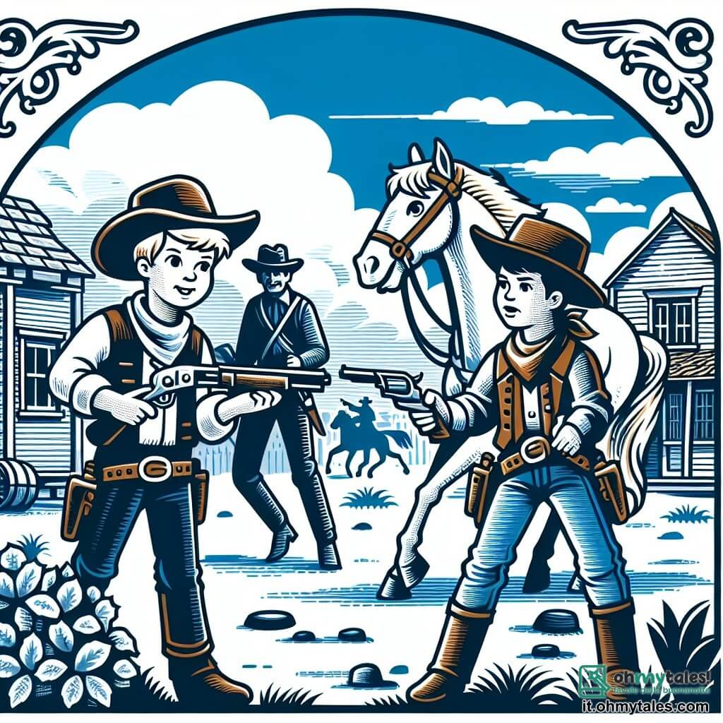 Une illustration destinée aux enfants représentant un jeune cow-boy courageux affrontant des bandits dans un village de l'Ouest américain, accompagné de son fidèle cheval blanc.