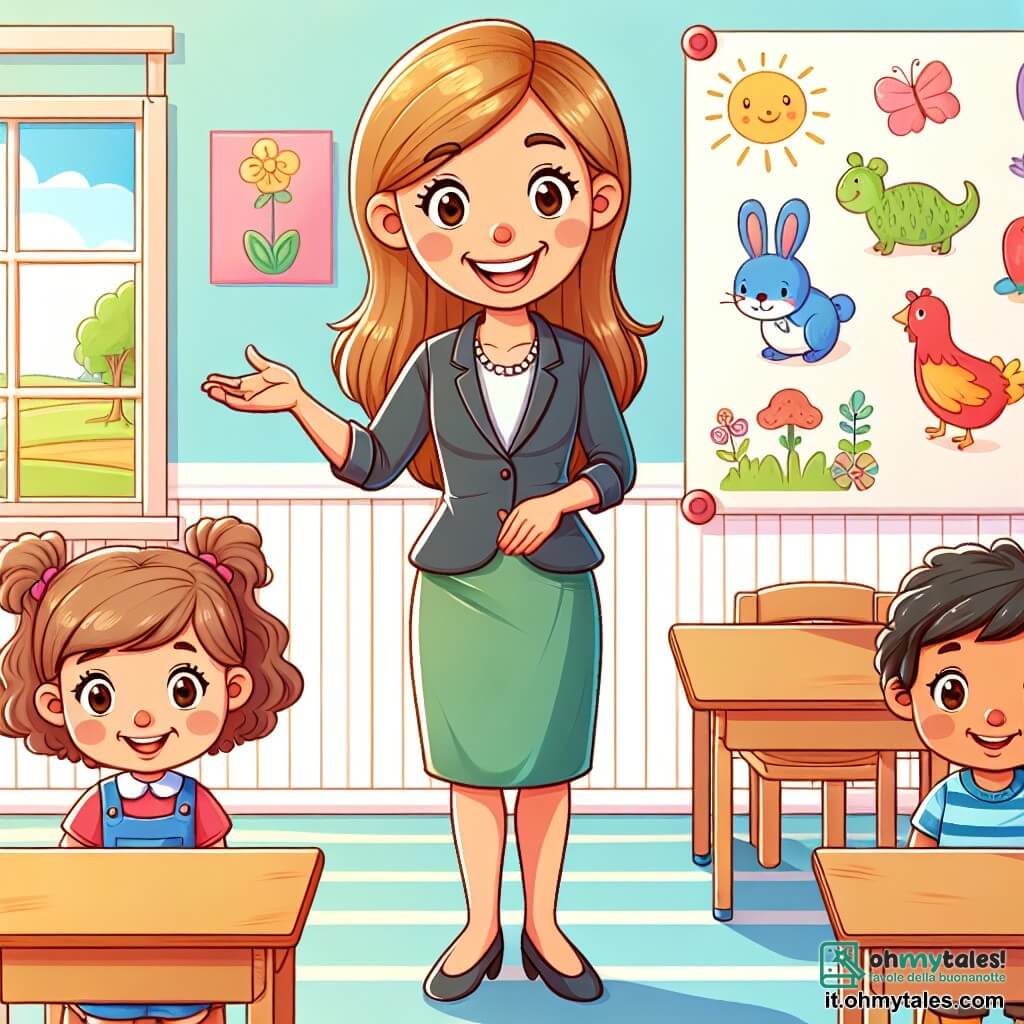 Une illustration destinée aux enfants représentant une institutrice aimante et joyeuse, accompagnée d'une petite fille curieuse et d'un garçon timide, dans une classe colorée avec des murs décorés de dessins d'animaux et de plantes, des pupitres en bois et une grande fenêtre laissant entrer la lumière du soleil.