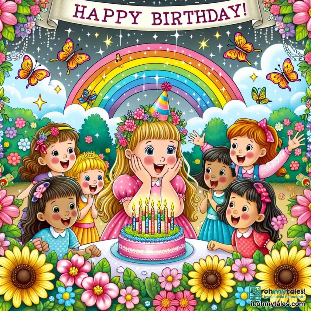 Une illustration destinée aux enfants représentant une fillette émerveillée par une célébration d'anniversaire entourée de ses amis joyeux dans un jardin enchanté rempli de fleurs colorées, papillons dansant et un arc-en-ciel étincelant au-dessus d'eux.