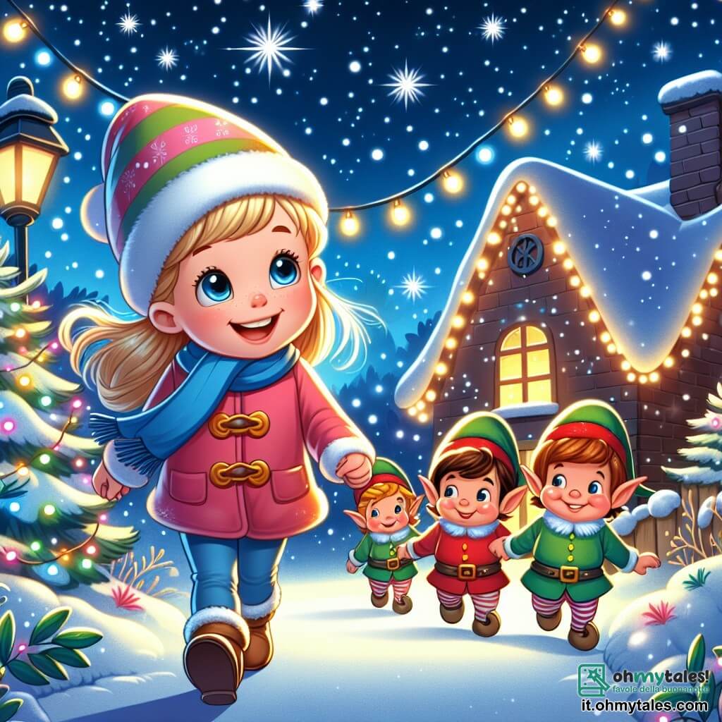 Une illustration destinée aux enfants représentant une fillette curieuse se lançant dans une aventure magique avec des elfes souriants dans un village illuminé par des lumières colorées et des flocons de neige scintillants.