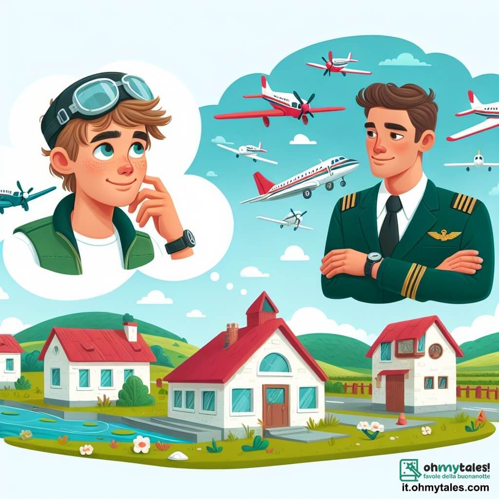 Une illustration destinée aux enfants représentant un jeune homme rêveur, passionné par les avions, vivant dans un petit village entouré de collines verdoyantes, et rencontrant un pilote expérimenté au sein d'un aéroport pittoresque au toit rouge et aux avions colorés.