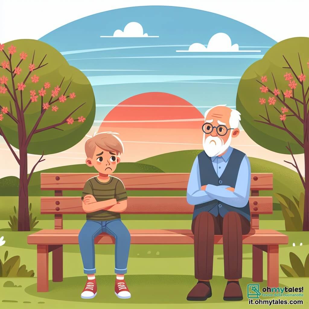 Une illustration destinée aux enfants représentant un garçon confus face à la séparation de ses parents, accompagné d'un sage vieil homme, assis sur un banc dans un parc verdoyant aux arbres fleuris et au soleil couchant.