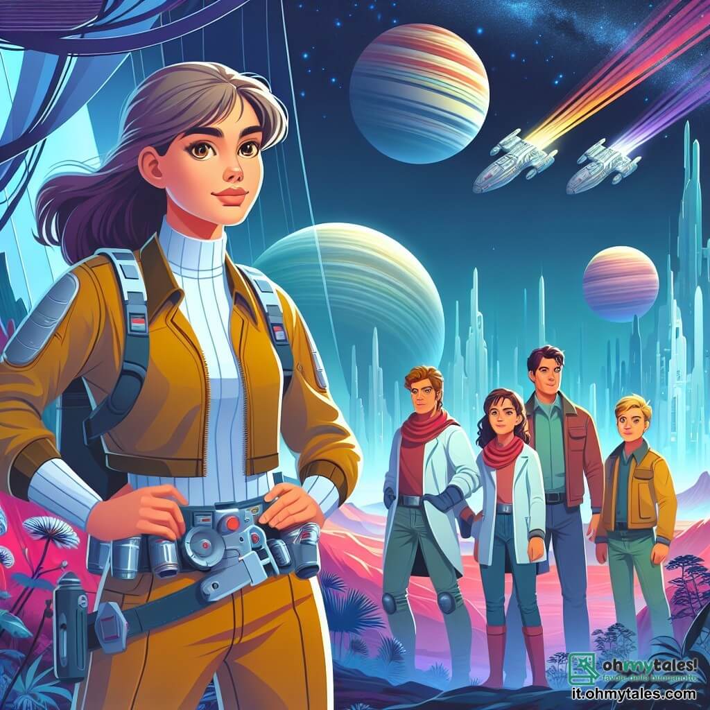 Une illustration destinée aux enfants représentant une jeune femme courageuse et déterminée, accompagnée de son équipage d'hommes et de femmes scientifiques, explorant un planète mystérieuse aux paysages futuristes et colorés, lors d'une mission spatiale extraordinaire.