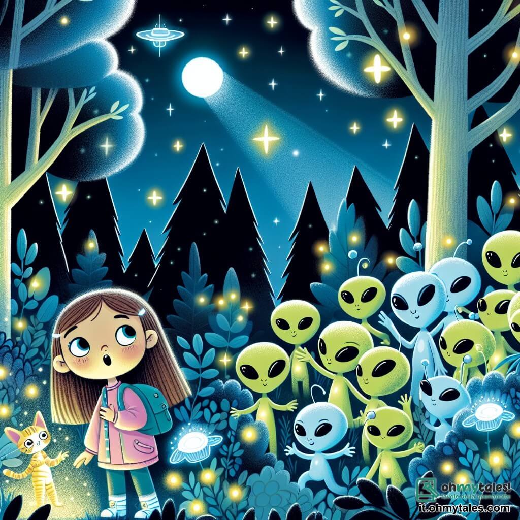 Une illustration destinée aux enfants représentant une jeune fille curieuse découvrant un groupe d'extraterrestres gentils dans une forêt magique aux arbres luminescents et aux fleurs scintillantes.