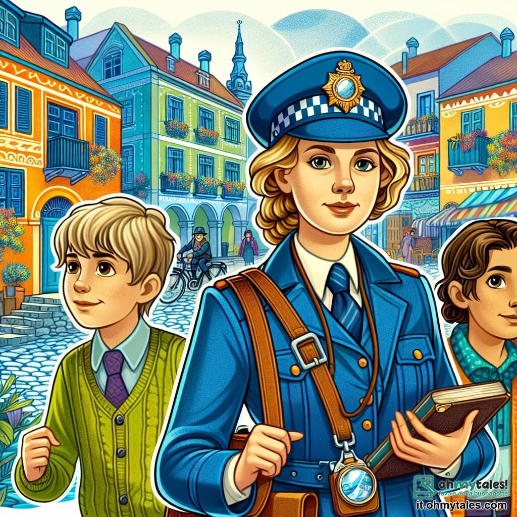 Une illustration destinée aux enfants représentant une jeune policière déterminée, accompagnée d'un garçon et d'une fille, résolvant un mystère coloré dans la charmante ville de Solevento, avec ses rues pavées et ses maisons colorées.