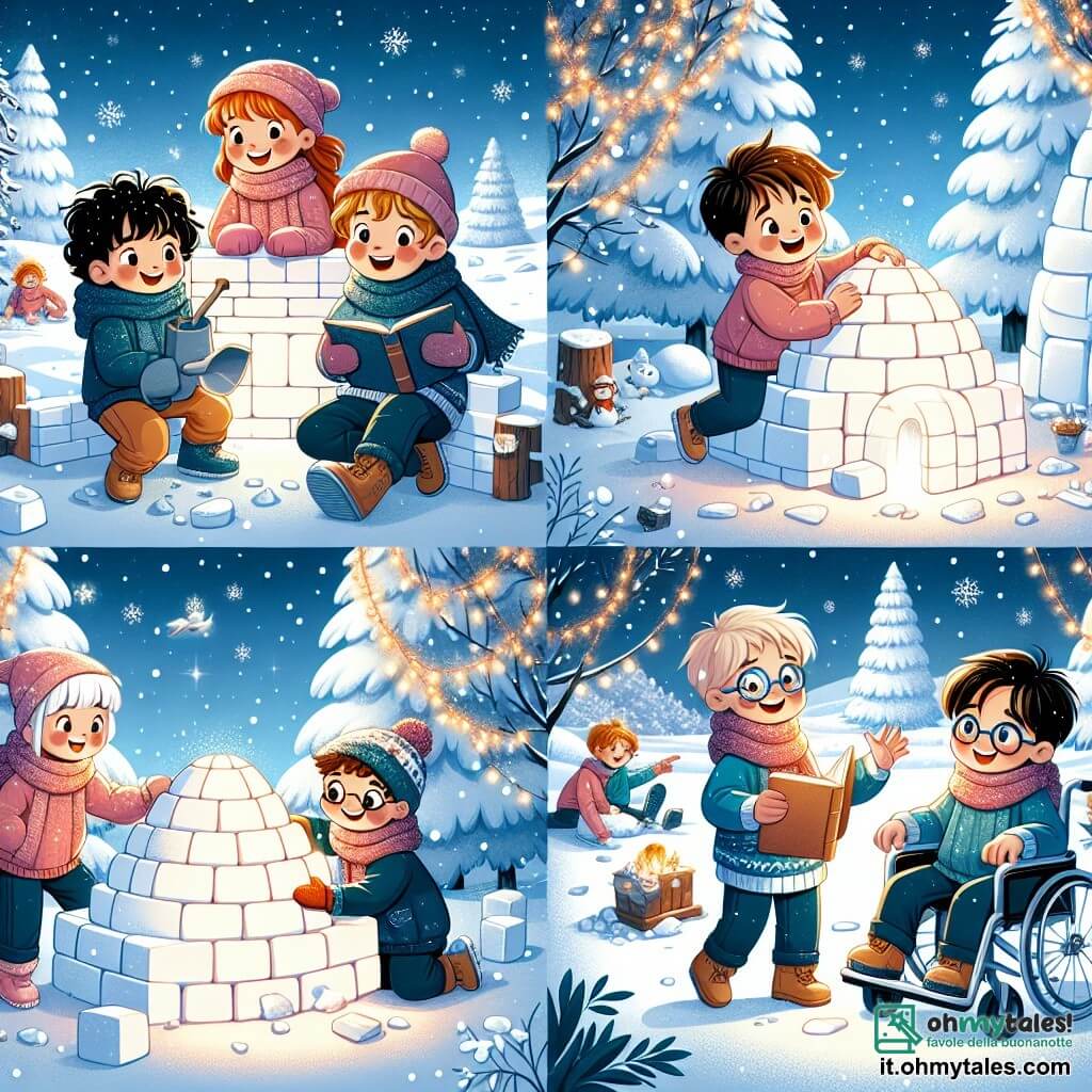 Illustrazione che rappresenta un giardino innevato, dove la neve scintilla sotto il sole invernale. Gli alberi sono coperti da un manto bianco e un igloo fatto di blocchi di neve si erge fiero al centro, circondato da fiocchi di neve che cadono dolcemente. Nella scena ci sono quattro bambini: un ragazzo di nove anni con capelli ricci e un grande sorriso, che tiene una pala e sembra molto entusiasta. Accanto a lui, un altro ragazzo di nove anni, con occhiali e un libro aperto in mano, osserva attentamente i blocchi di neve. Un terzo ragazzo, anch'esso di nove anni, ha le braccia aperte come se stesse volando, con un volto raggiante di gioia. Infine, un piccolo ragazzo di nove anni, seduto in una sedia a rotelle decorata con luci, sorride guardando i suoi amici, pronto ad aiutarli. La situazione principale mostra i bambini che costruiscono il loro igloo, ridendo e incoraggiandosi a vicenda. Tracce di passi nella neve conducono all'igloo, e tazze di cioccolata calda sono appoggiate su un tavolino accanto, aggiungendo un tocco di calore all'atmosfera invernale. Fiocchi di neve fluttuano nell'aria, creando un'atmosfera magica e gioiosa.