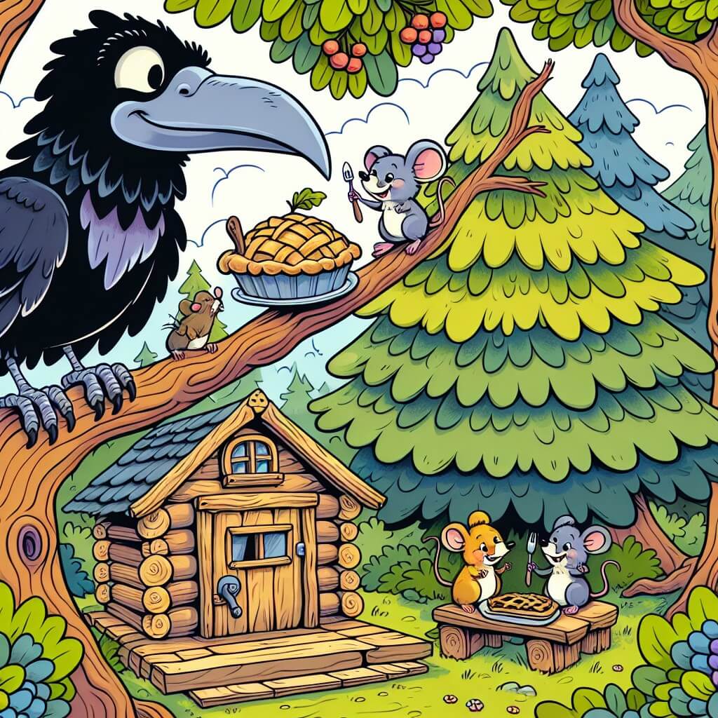Une illustration destinée aux enfants représentant un corbeau malicieux, perché sur une branche d'un grand arbre, observant une famille de souris joyeuses dégustant une délicieuse tarte fraîchement cuite dans une charmante maisonnette en bois, au cœur d'une forêt luxuriante.