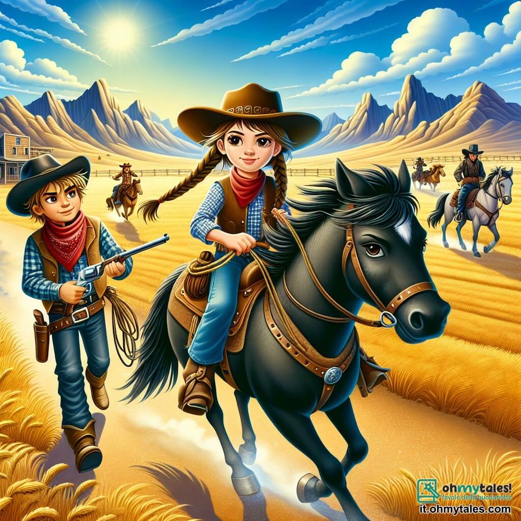 Illustrazione che rappresenta un tipico ranch del Far West, con ampie praterie dorate che si estendono a perdita d'occhio sotto un cielo blu splendente. Al centro, una giovane cow-girl di circa 12 anni, con lunghi capelli castani intrecciati, indossa un cappello da cowboy e una camicia a quadretti, mentre monta orgogliosamente il suo cavallo nero, con uno sguardo determinato e coraggioso. Accanto a lei, un giovane ragazzo di circa 10 anni, con capelli biondi arruffati e un bandana rosso attorno al collo, guarda ammirato sua sorella, tenendo una corda tra le mani, pronto ad aiutarla. La scena ritrae un momento di tensione, mentre osservano un gruppo di banditi in lontananza, pronti a difendere il loro ranch. Sullo sfondo, maestose montagne si ergono e il sole inizia a tramontare, proiettando ombre lunghe e dorate sul terreno polveroso.