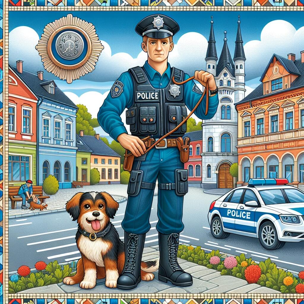 Une illustration destinée aux enfants représentant un policier courageux et déterminé, accompagné d'un adorable chien, qui se déroule dans une petite ville pittoresque avec des maisons colorées, une place animée et une nouvelle et magnifique station de police au centre.