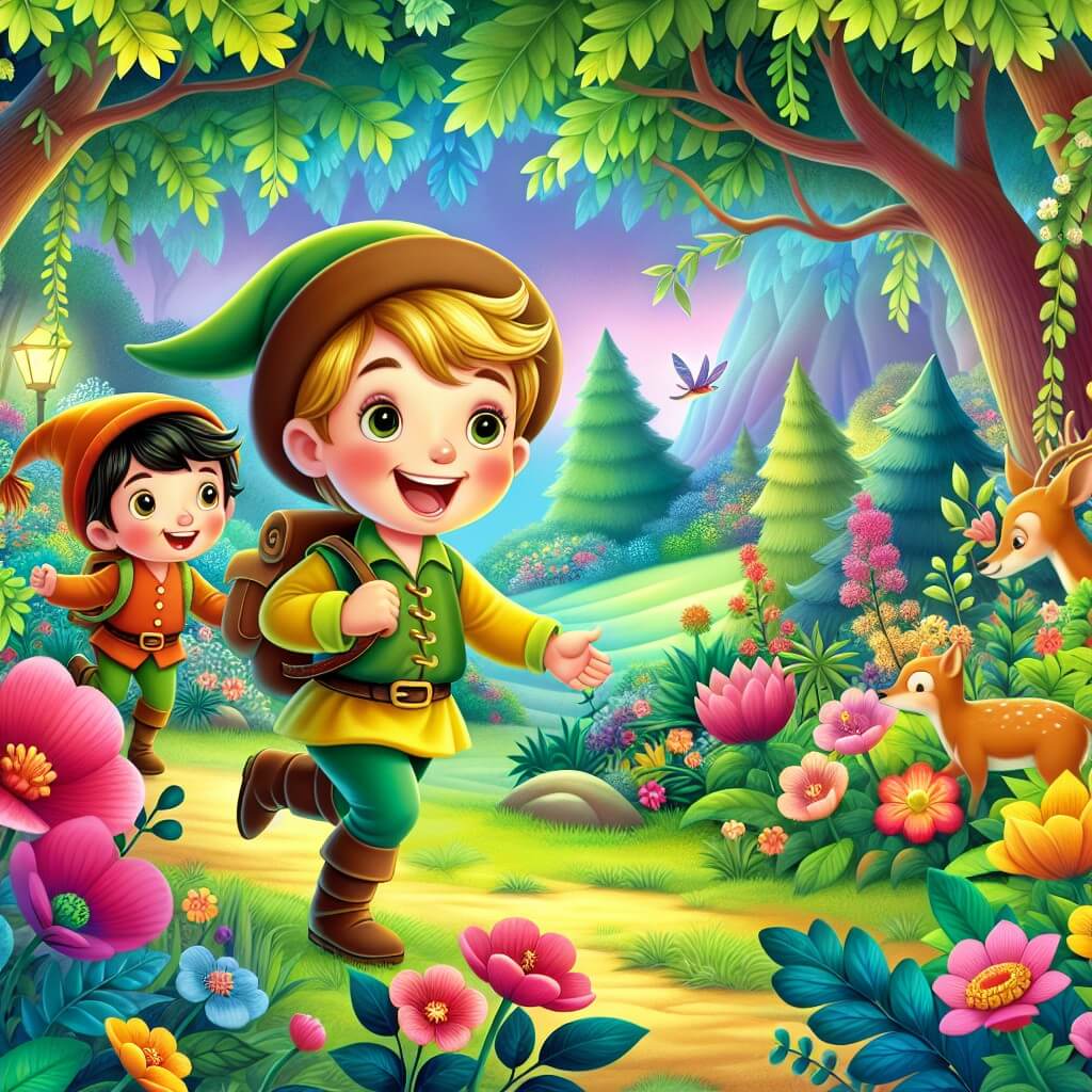 Une illustration destinée aux enfants représentant un jeune garçon plein d'enthousiasme qui cherche le cadeau parfait pour sa maman, accompagné de son meilleur ami, dans une forêt enchantée remplie de fleurs colorées.