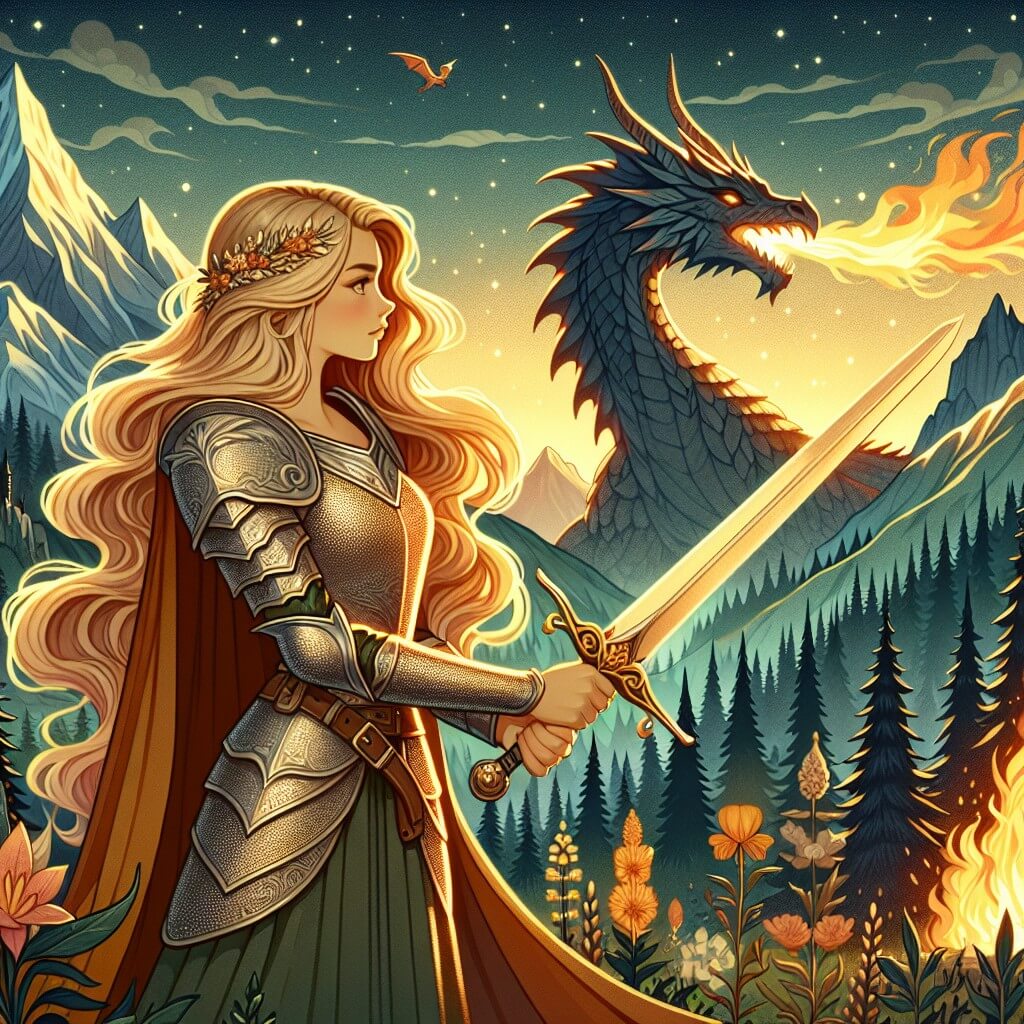 Une illustration destinée aux enfants représentant une courageuse jeune femme aux longs cheveux dorés, vêtue d'une armure étincelante, brandissant une épée magique, se tenant devant un imposant dragon cracheur de feu, dans un royaume enchanteur où des montagnes majestueuses se dressent au-dessus d'une forêt dense et mystérieuse, illuminées par la lueur dorée d'un soleil couchant.