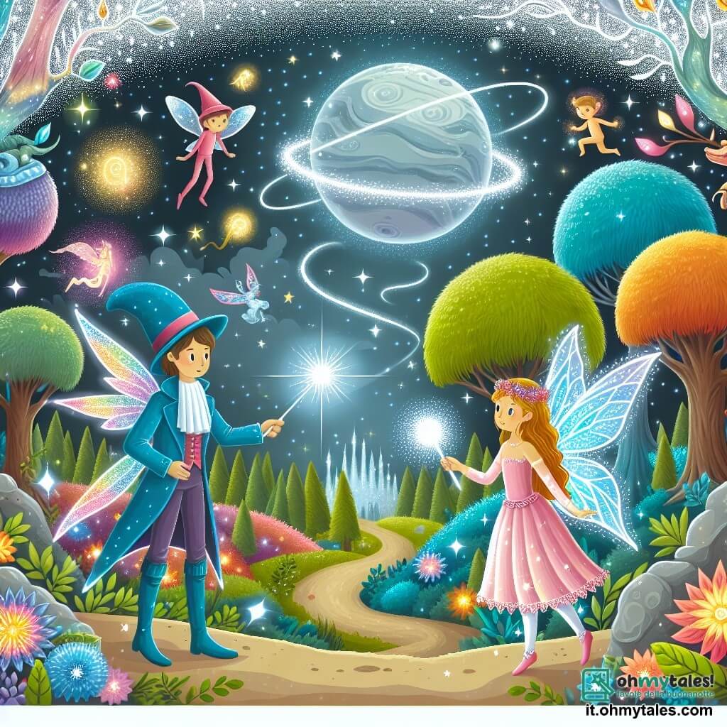 Une illustration destinée aux enfants représentant un magicien cosmique aux pouvoirs étincelants, rencontrant une fée lumineuse dans une forêt enchantée pleine d'arbres colorés, de fleurs brillantes et de créatures fantastiques, sur un monde lointain et mystérieux appelé Lumina.