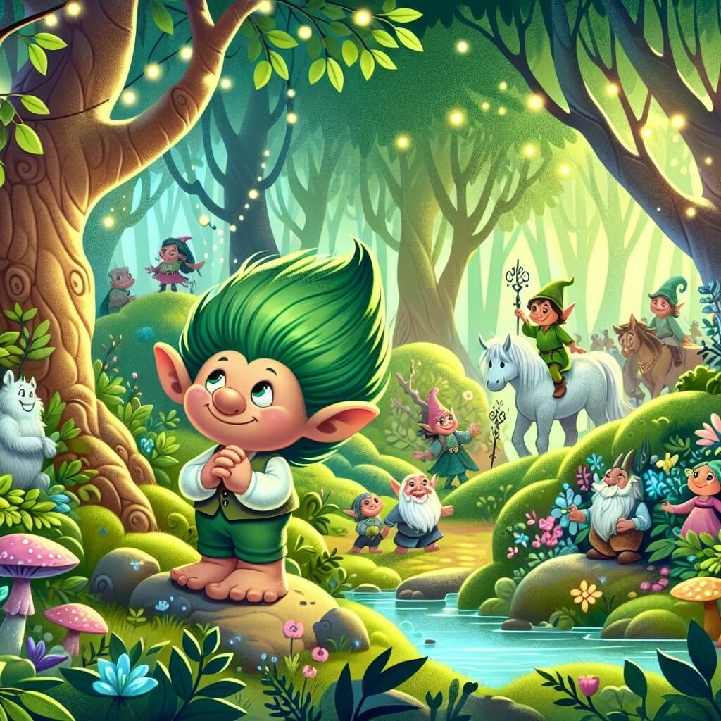 Une illustration destinée aux enfants représentant un adorable troll aux cheveux verts, se retrouvant dans une forêt magique remplie de créatures fantastiques, accompagné d'un groupe d'elfes joyeux, dans un décor luxuriant avec des arbres géants, des fleurs lumineuses et un ruisseau scintillant.