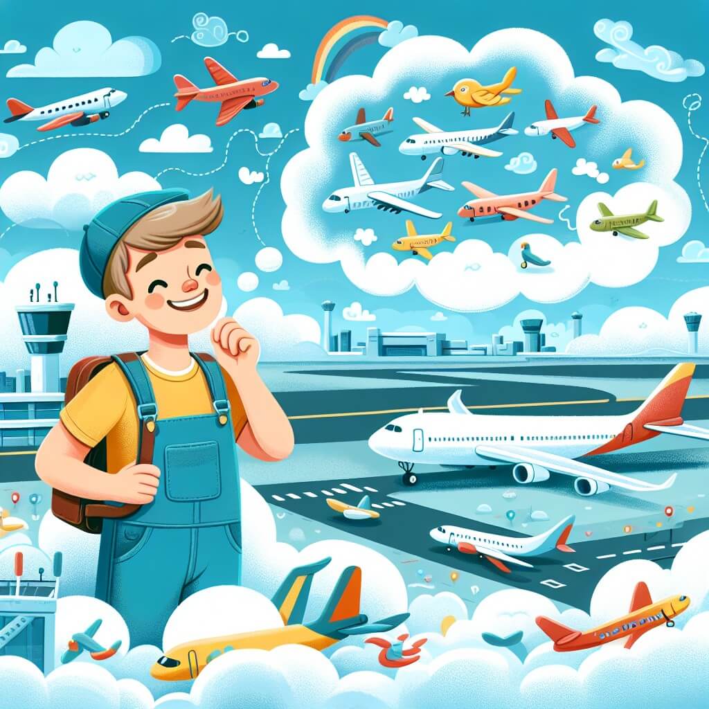 Une illustration destinée aux enfants représentant un jeune homme passionné d'avions, qui rêve de voler parmi les nuages, accompagné de son fidèle ami, un oiseau coloré, dans un aéroport animé avec des avions multicolores, des contrôleurs aériens souriants et des nuages doux et moelleux qui flottent dans le ciel bleu.