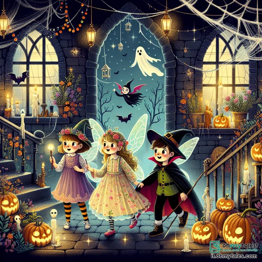 Une illustration destinée aux enfants représentant une jeune fille en costume de fée, explorant une maison hantée avec ses amis, un garçon vampire et une fille sorcière, aux murs recouverts de toiles d'araignée et de meubles fantomatiques, illuminée par la lueur des citrouilles d'Halloween, dans une ambiance mystérieuse et magique.