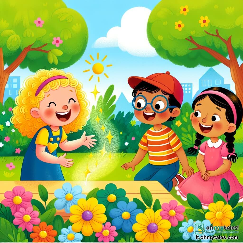 Une illustration sous forme de dessin destinée aux enfants représentant un parc ensoleillé avec des arbres verdoyants et des fleurs colorées, où une petite fille de 3 ans aux cheveux bouclés et à la robe jaune joue joyeusement avec un groupe d'enfants : un garçon aux lunettes et une casquette rouge, et une fille aux tresses et à la robe rose, tous deux riant et écoutant attentivement la petite fille qui, avec un grand sourire, explique qu'elle n'a pas de costume magique, illustrant ainsi le thème de la vérité et de l'amitié.