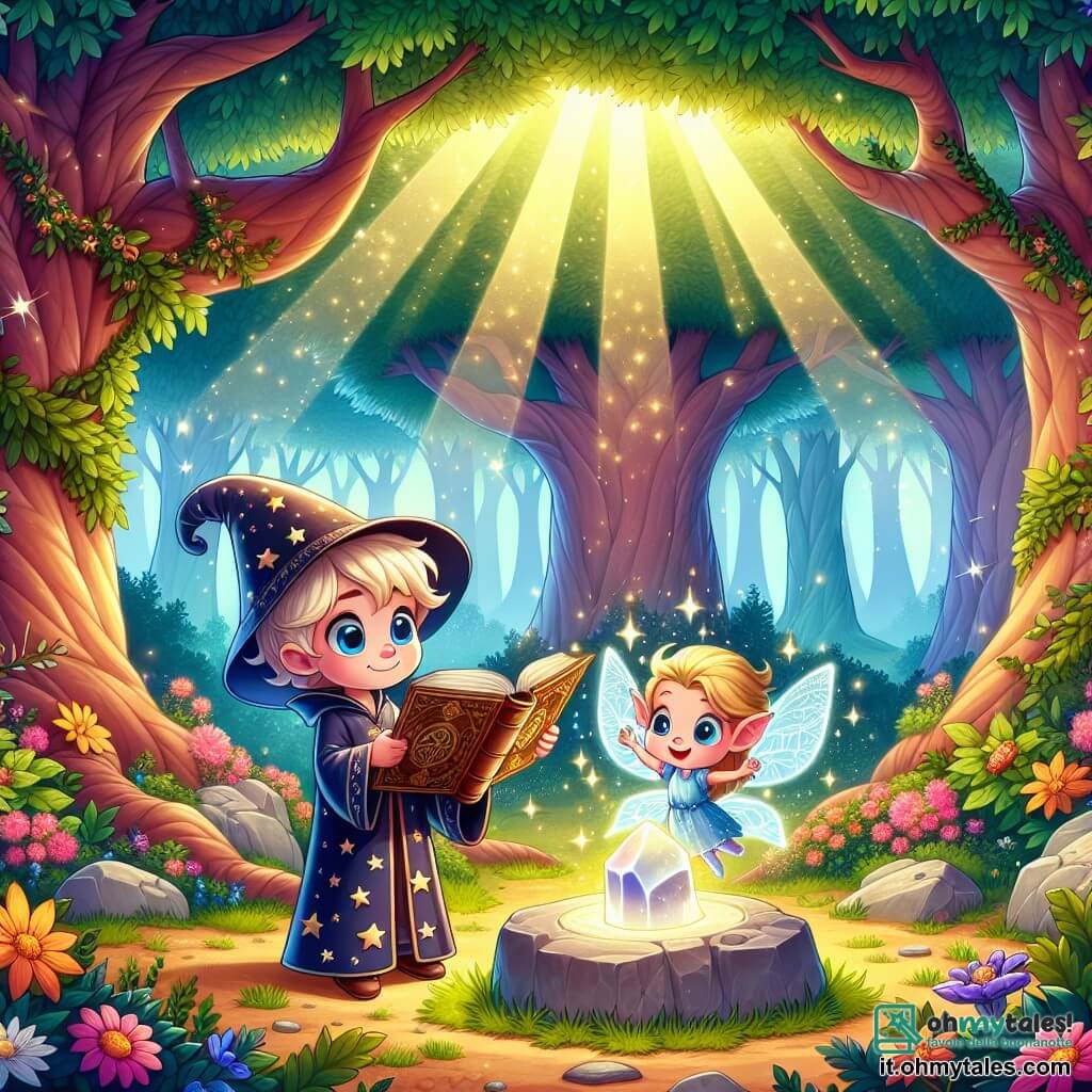 Une illustration sous forme de dessin destinée aux enfants représentant une forêt enchantée, avec des arbres majestueux aux feuilles scintillantes et des fleurs colorées, où un jeune garçon apprenti sorcier aux cheveux blonds et aux yeux pétillants, vêtu d'une robe de sorcier ornée d'étoiles, tient un vieux livre magique ouvert devant lui, tandis qu'un petit follet aux ailes lumineuses et au chapeau pointu danse joyeusement autour de lui, alors qu'ils découvrent ensemble une pierre magique brillante au centre d'une clairière, symbolisant l'amitié et la magie qui les unissent dans leur quête d'aventure.