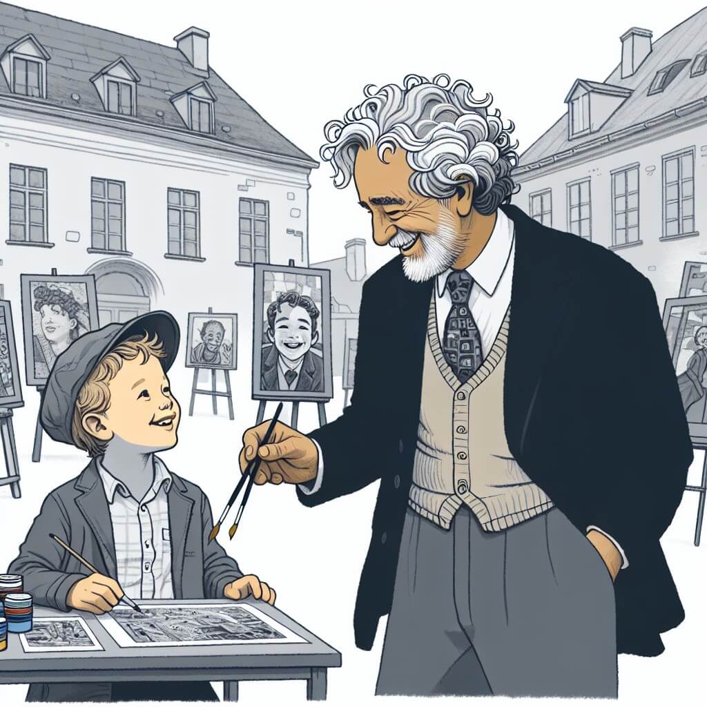 Une illustration destinée aux enfants représentant un homme aux cheveux gris et bouclés, souriant, qui rencontre un jeune garçon talentueux lors d'une exposition d'art dans une petite ville, où les murs gris et monotones d'un ancien bâtiment dans la place principale contrastent avec la beauté colorée des œuvres d'art environnantes.