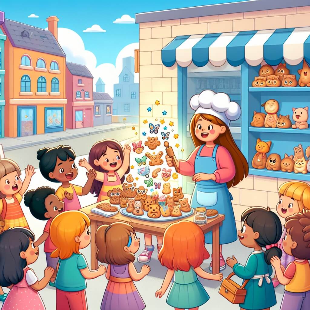 Une illustration destinée aux enfants représentant une jeune femme panettière passionnée qui organise une joyeuse dégustation de biscuits magiques en forme d'animaux, entourée d'enfants curieux et enthousiastes, dans une charmante et colorée boulangerie au cœur d'un quartier animé.