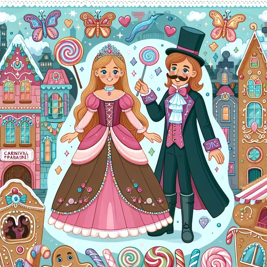 Une illustration destinée aux enfants représentant une jeune fille vêtue d'un costume de princesse, accompagnée d'un mystérieux magicien, dans un monde enchanteur rempli de rues pavées de bonbons et de maisons en pain d'épices, où se déroule la fabuleuse Parade du Carnaval.