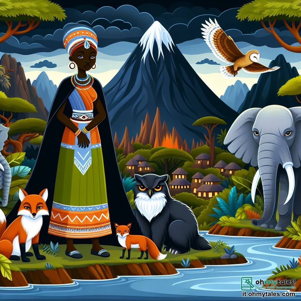 Une illustration destinée aux enfants représentant une femme sage et mystérieuse se tenant devant une montagne sombre et menaçante, accompagnée d'une volpe astucieuse, d'un éléphant majestueux et d'un gufo sage, dans un village africain entouré de forets luxuriantes et de fiumi maestosi.