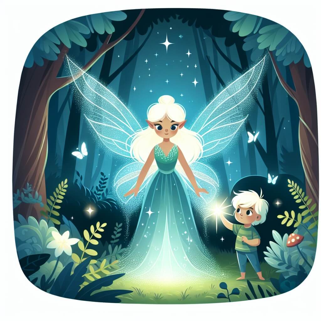 Une illustration destinée aux enfants représentant une fée lumineuse aux ailes chatoyantes, se trouvant au cœur d'une forêt enchantée, accompagnée d'un petit garçon curieux, dans une quête pour sauver le royaume des fées.