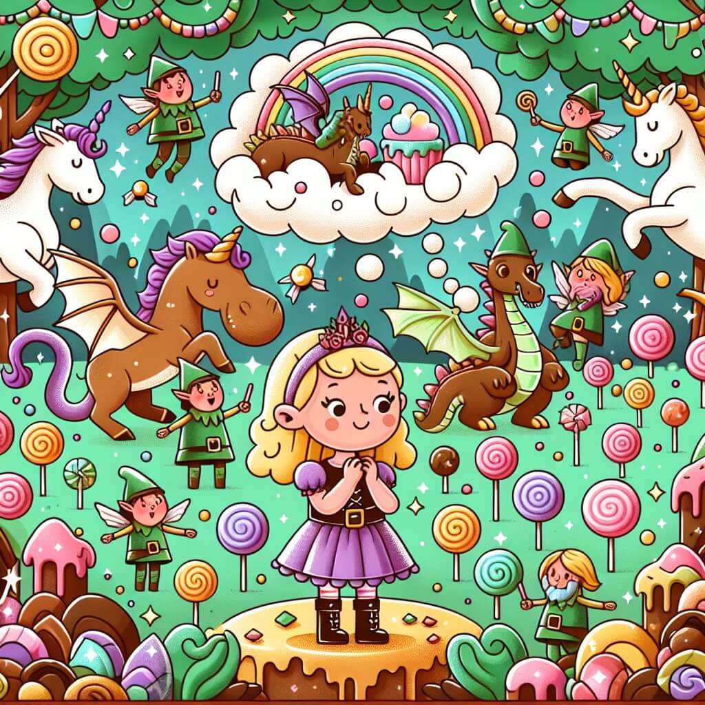 Une illustration destinée aux enfants représentant une petite fille pleine de curiosité, se retrouvant dans un monde enchanté rempli de licornes dansants, de dragons soufflant des bulles de savon et d'elfes portant des chapeaux verts pointus, entourée d'une forêt de bonbons aux arbres en chocolat et de rivières de caramel.