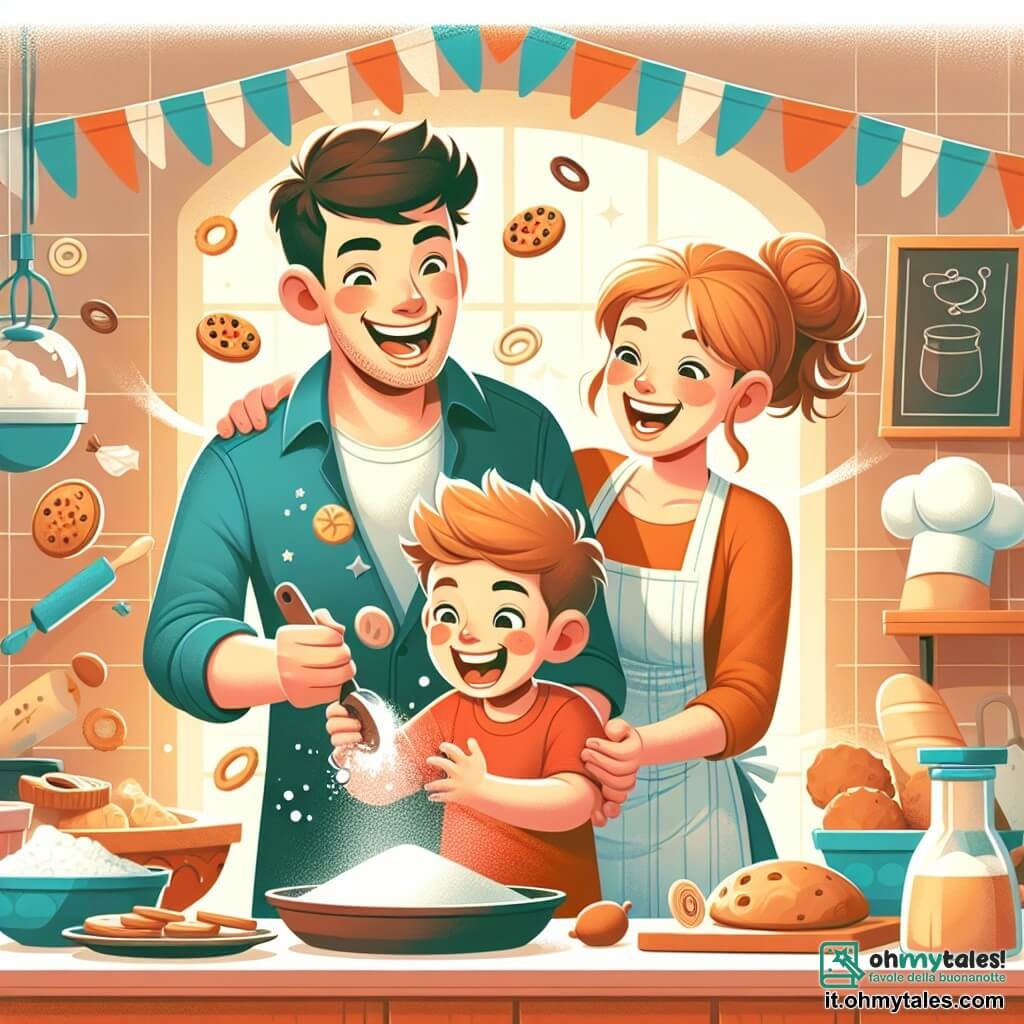 Une illustration destinée aux enfants représentant un jeune garçon plein d'enthousiasme et de malice, préparant une surprise pour son papa, avec l'aide de sa maman, dans une cuisine chaleureuse et colorée, remplie de farine volante et d'ingrédients délicieux.