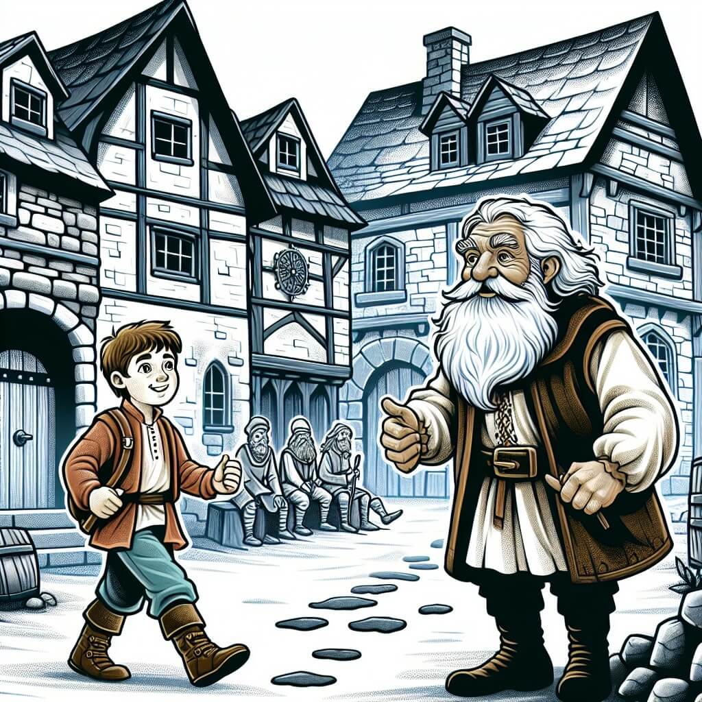 Une illustration destinée aux enfants représentant un jeune garçon intrépide, se trouvant soudainement propulsé dans le passé grâce à une mystérieuse montre à gousset, accompagné d'un vieux sage barbu, dans un village médiéval en pierre avec des ruelles pavées et des maisons aux toits de chaume.