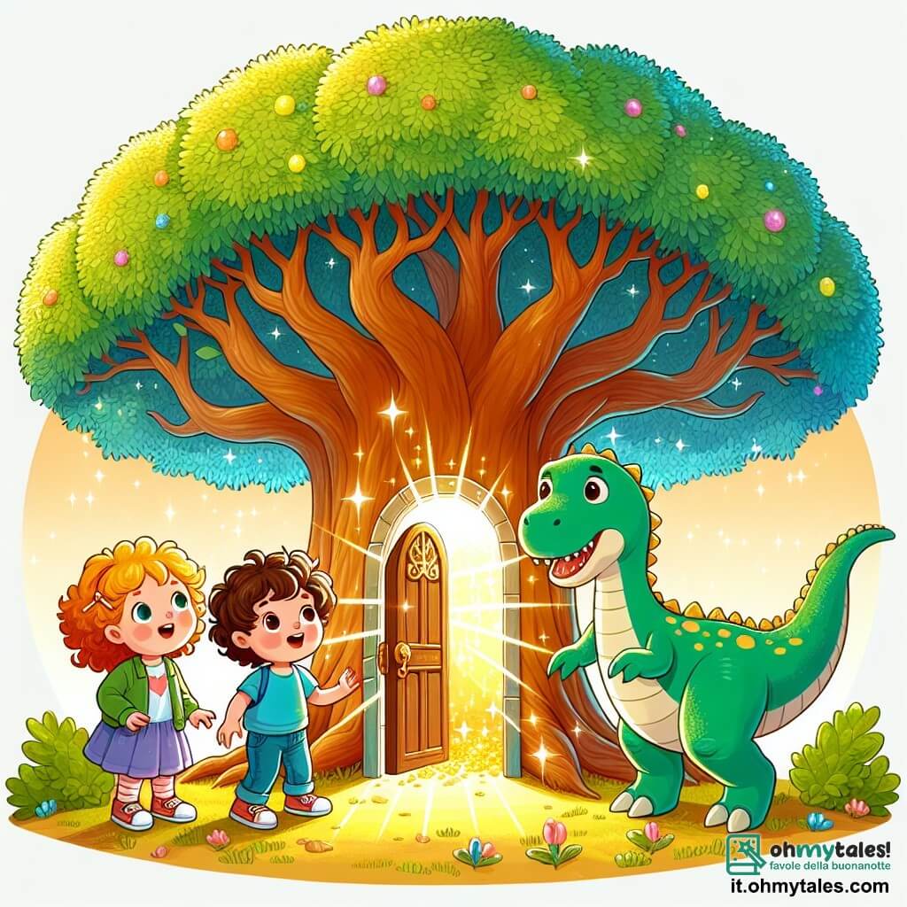 Une illustration sous forme de dessin destinée aux enfants représentant un groupe de trois enfants de trois ans, deux filles aux cheveux bouclés et un garçon aux cheveux courts, émerveillés devant un grand arbre de quercia aux feuilles vertes et brillantes, avec une petite porte scintillante à sa base, tandis qu'un gentil dinosaure à long cou, aux écailles vertes et aux yeux doux, les regarde avec bienveillance, le tout baigné dans une lumière dorée qui évoque la magie du voyage dans le temps.
