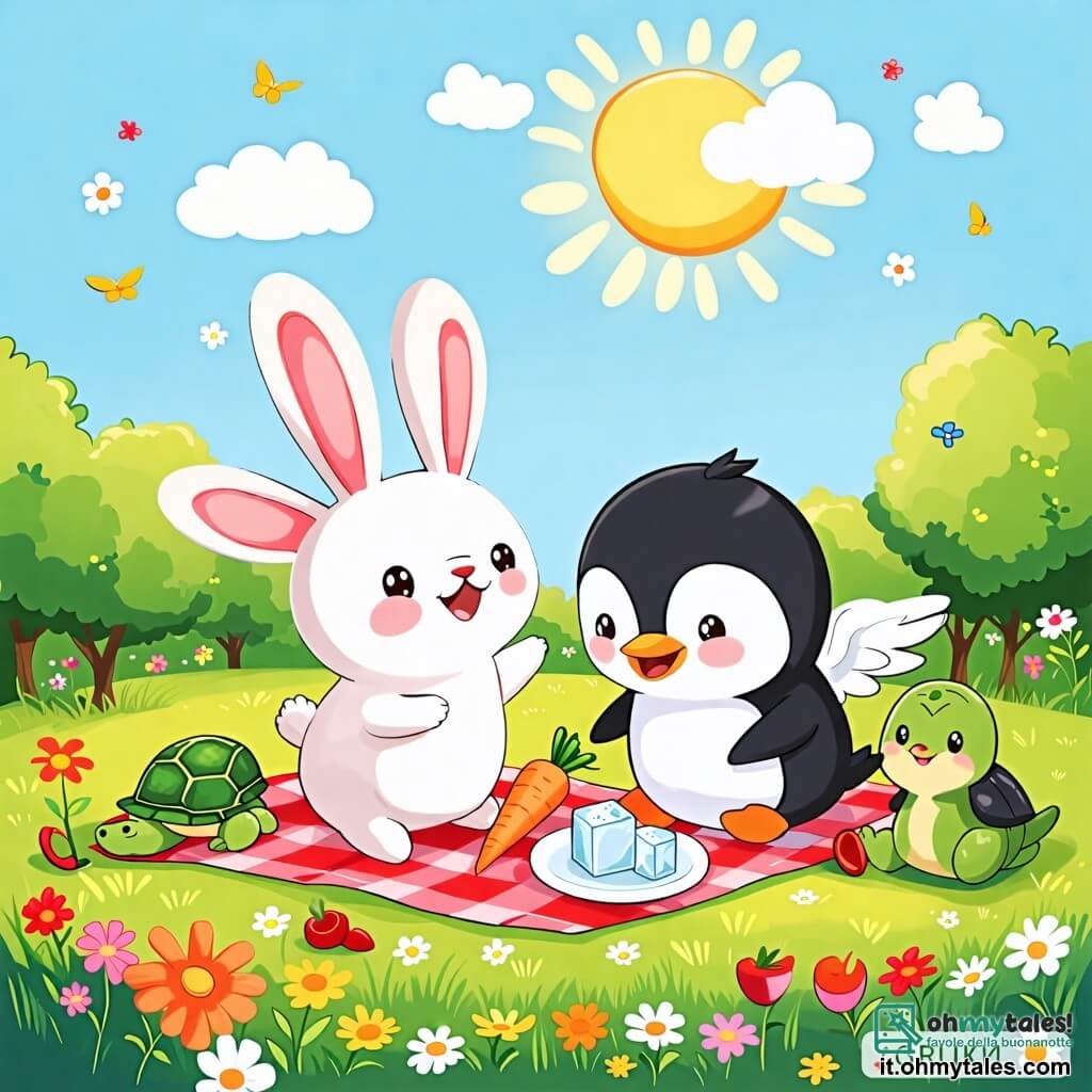Une illustration sous forme de dessin destinée aux enfants représentant un joli pré verdoyant, parsemé de fleurs colorées, où un petit lapin aux grandes oreilles et à la fourrure blanche saute joyeusement, entouré de son ami un pinguin aux plumes noires et blanches qui tient un glaçon dans ses petites ailes, et d'une tortue au carapace verte souriante, assise sur une couverture de pique-nique, tandis qu'ils partagent des carottes et des friandises sous un ciel bleu ensoleillé, illustrant ainsi leur joyeuse journée de picnic ensemble.