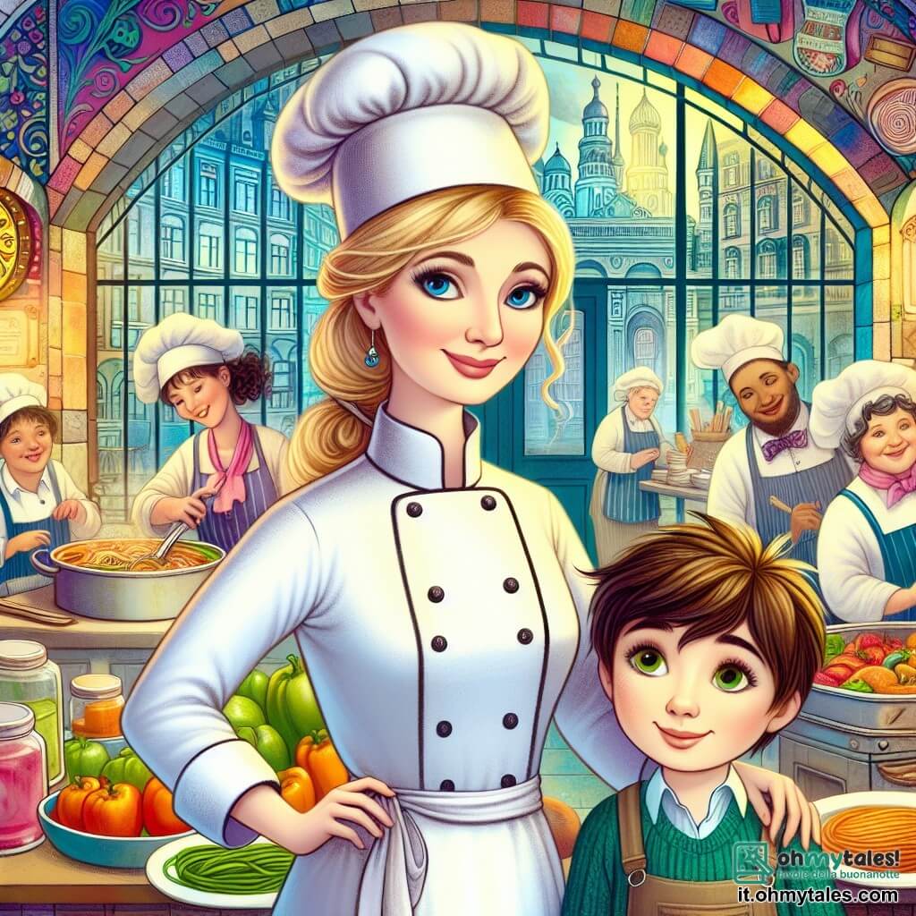 Une illustration destinée aux enfants représentant une chef cuisinière talentueuse, accompagnée d'un jeune garçon curieux, dans une cuisine colorée et animée d'un restaurant renommé de la ville.