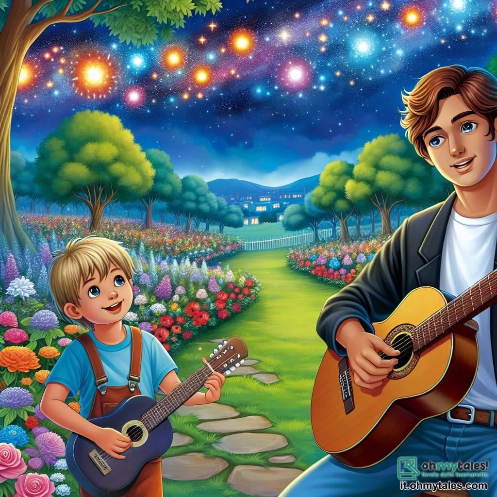 Une illustration destinée aux enfants représentant un jeune homme passionné par la musique, accompagné d'un petit garçon aux yeux brillants, jouant de la guitare sous un ciel étoilé scintillant de mille feux, dans un parc verdoyant bordé de fleurs colorées et d'arbres majestueux.