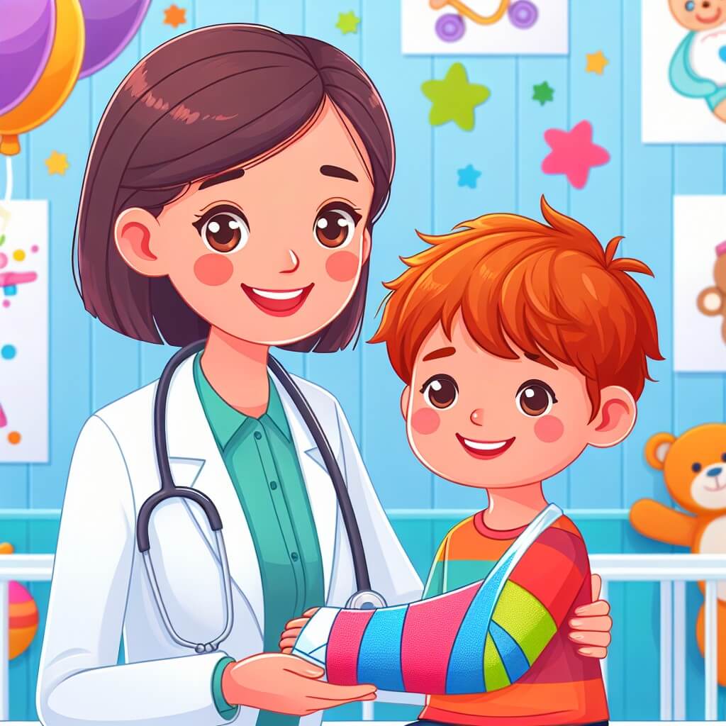 Une illustration destinée aux enfants représentant une jeune femme médecin, vêtue d'un camice blanc et portant un stéthoscope autour du cou, qui aide un enfant souriant avec un plâtre coloré sur le bras, dans une clinique lumineuse remplie de jouets, de dessins et de ballons colorés.